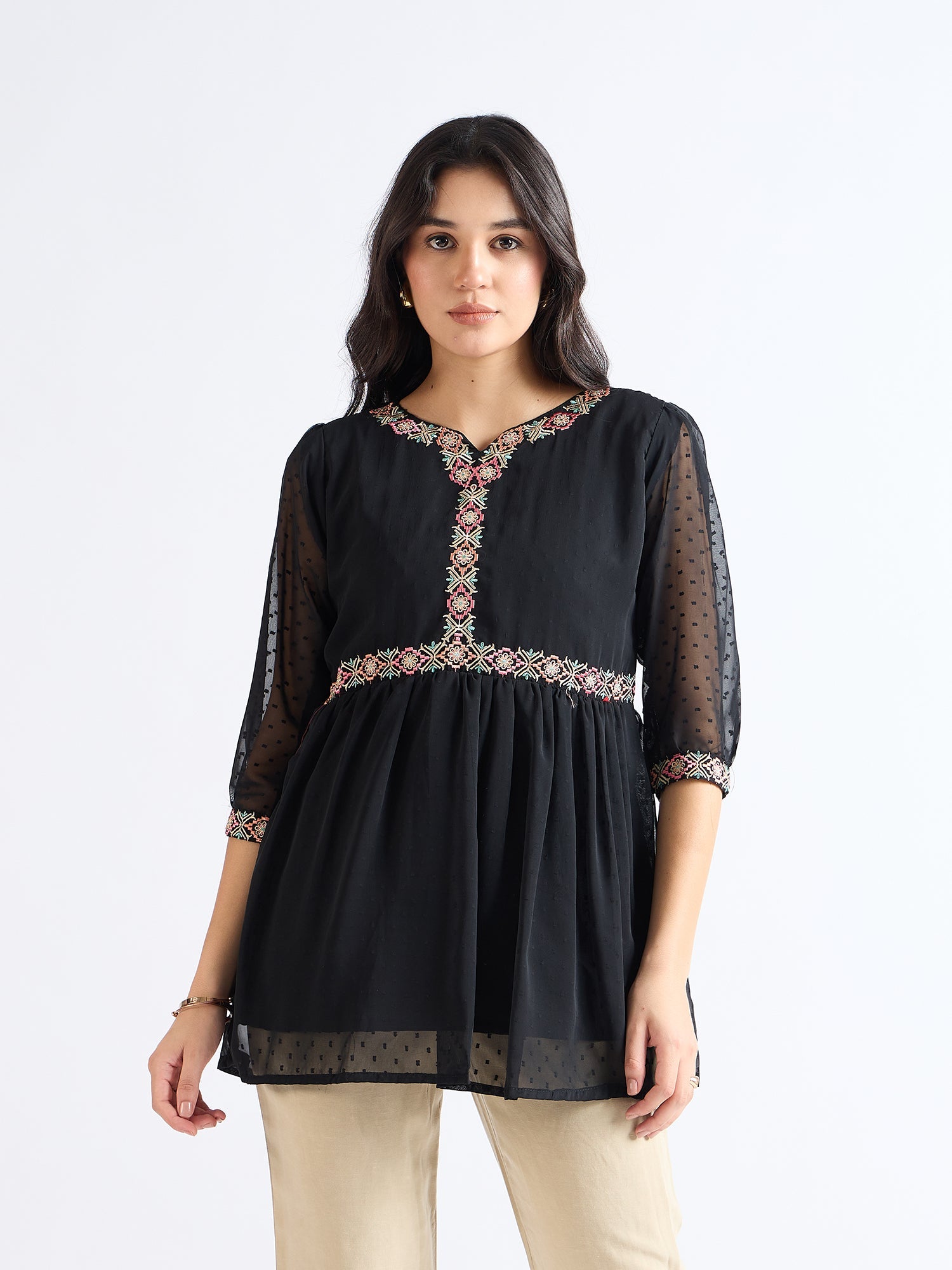 Night Black Embroidered Blouson Top