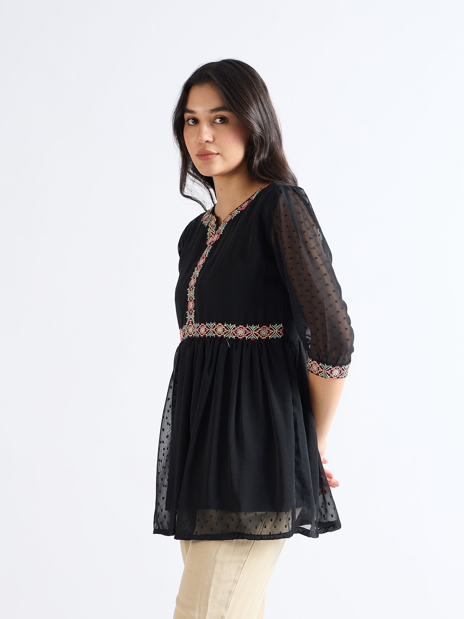 Night Black Embroidered Blouson Top