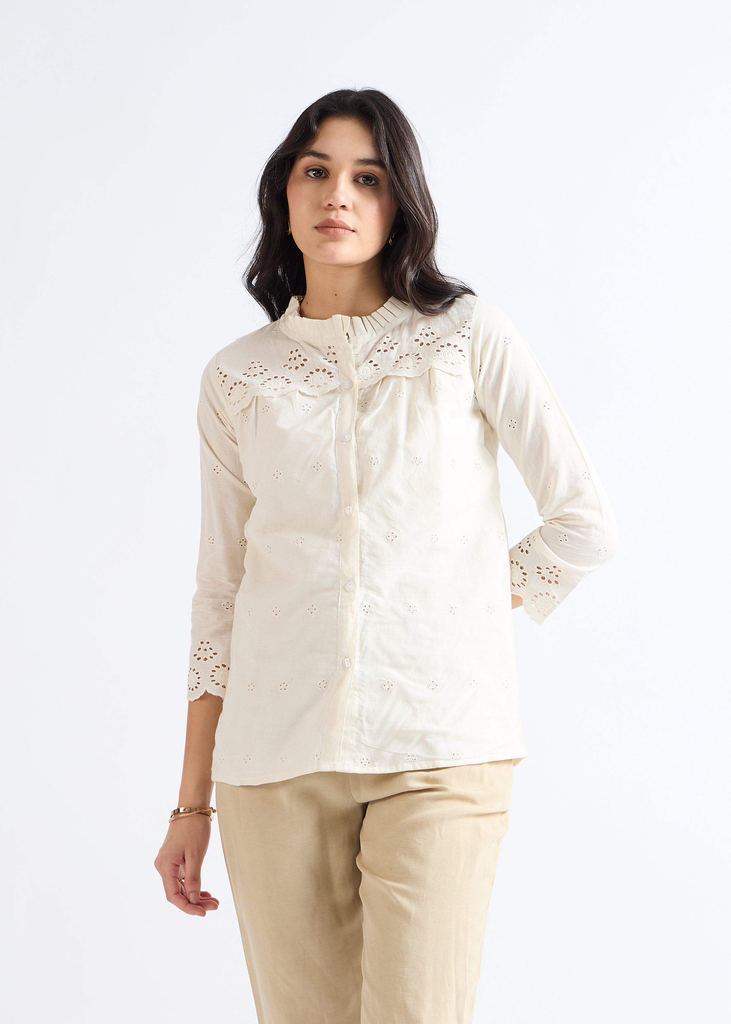 Biege Mandarin Collar Cotton Blouse