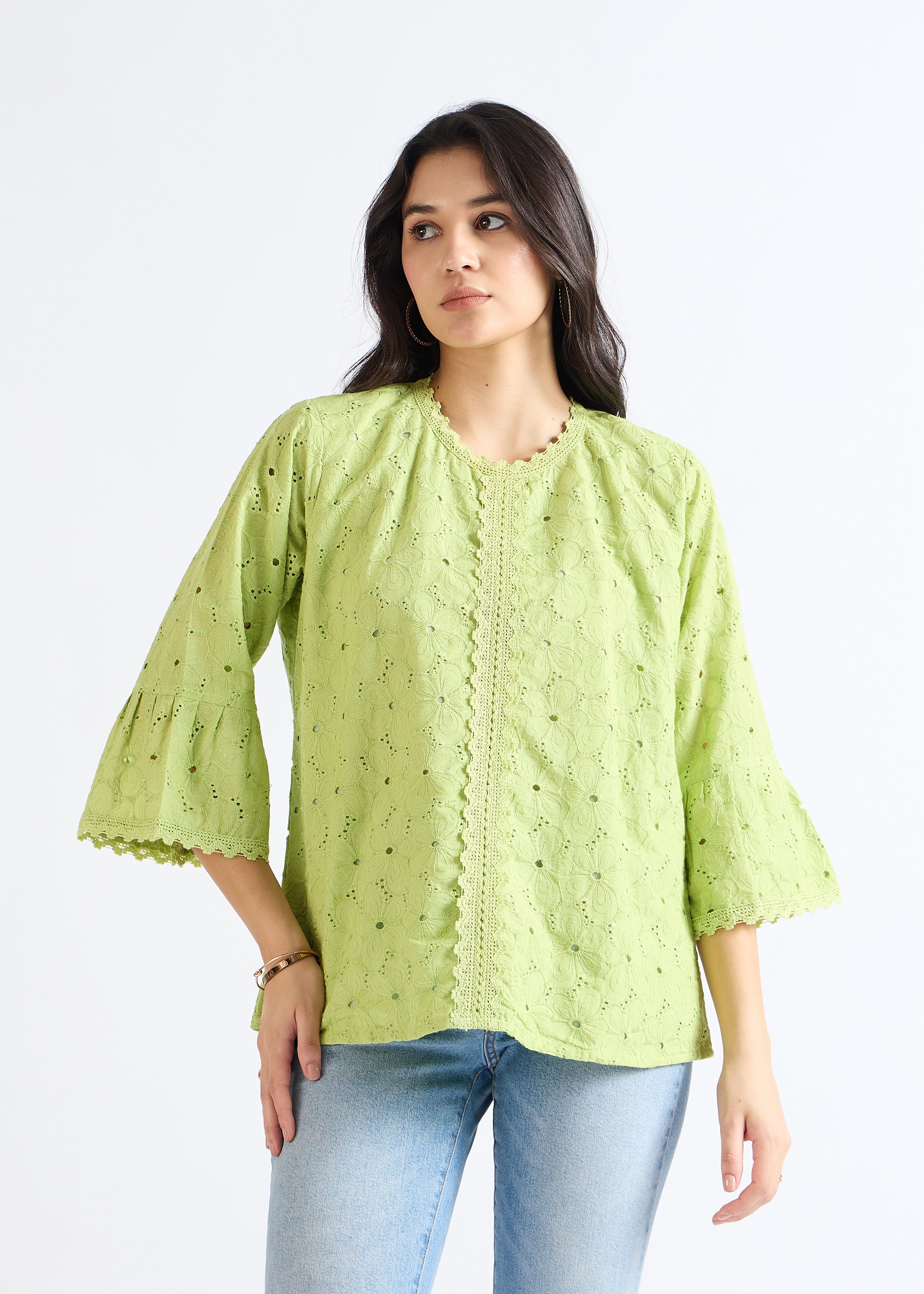 Sprout Green Lace-Inset A-Line Top