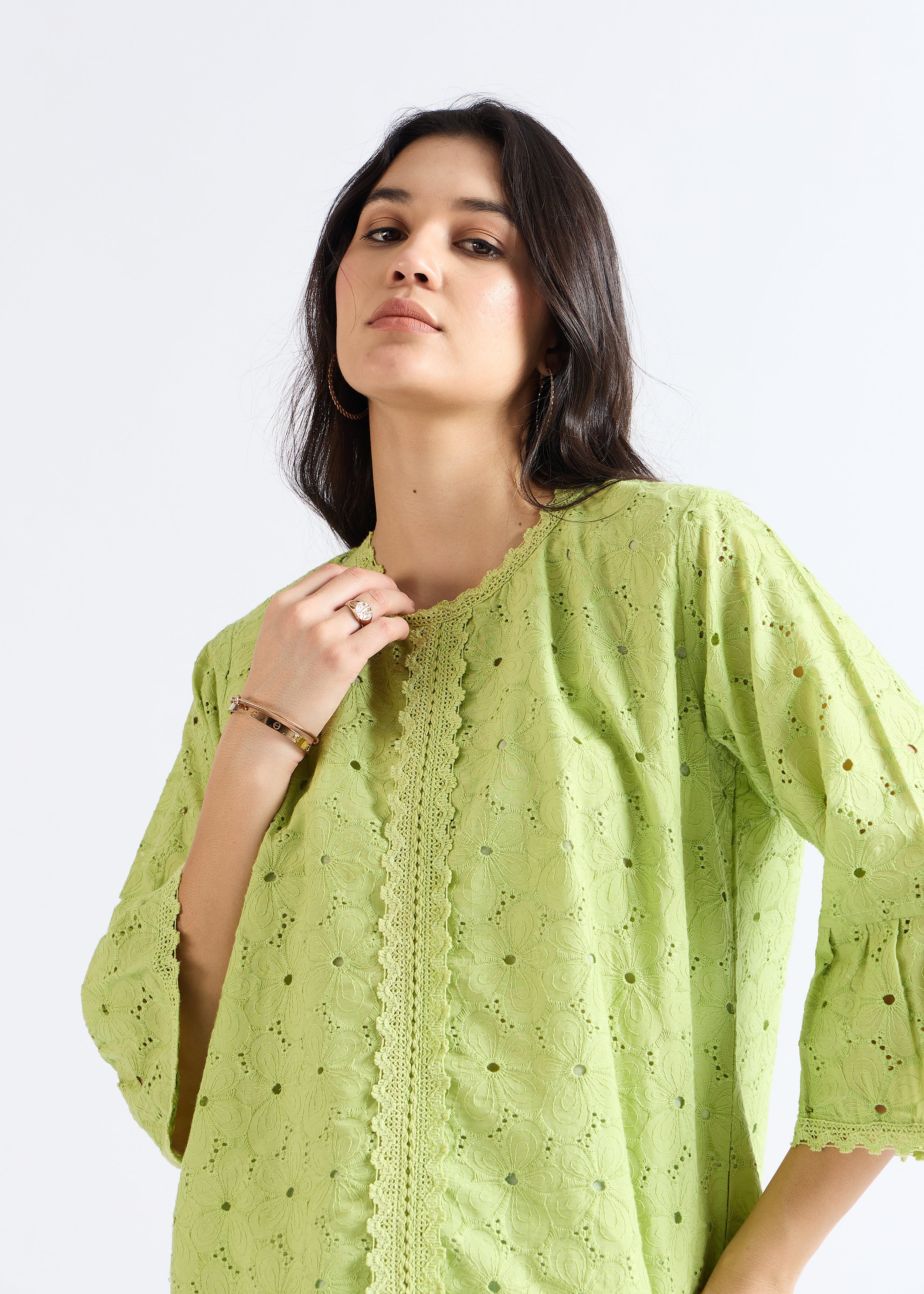 Sprout Green Lace-Inset A-Line Top