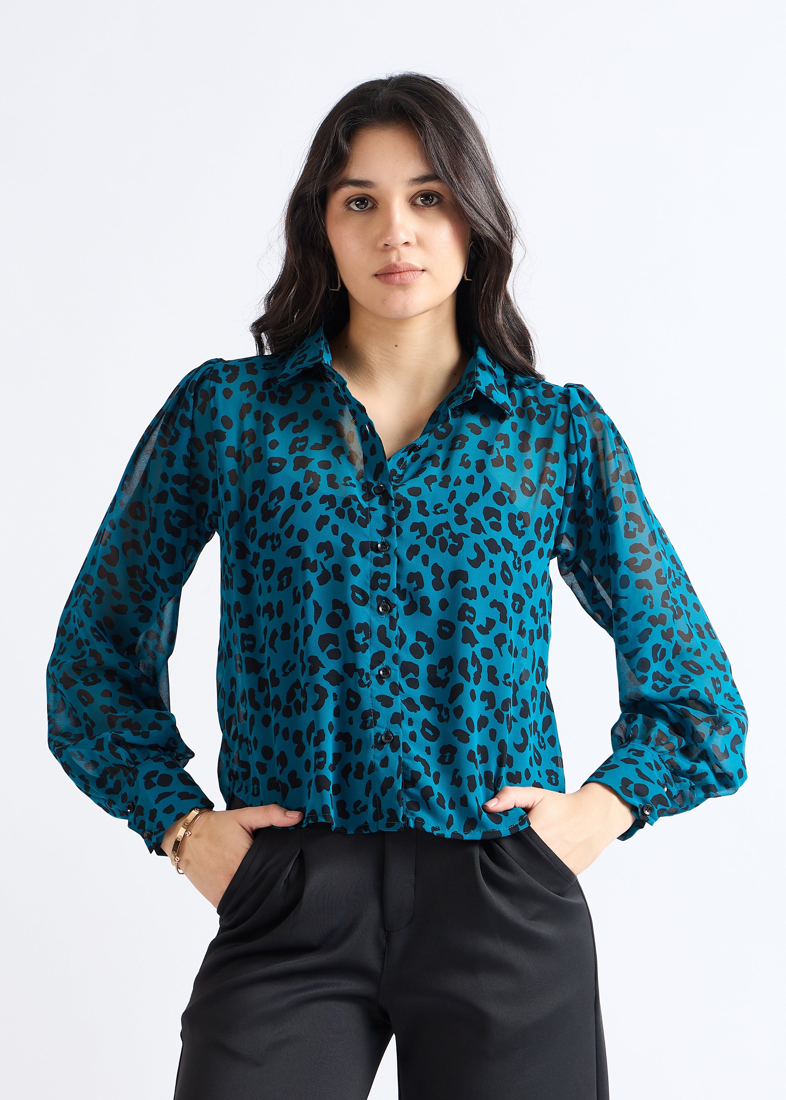 Dark Aquamarine Animal Print Sheer Shirt