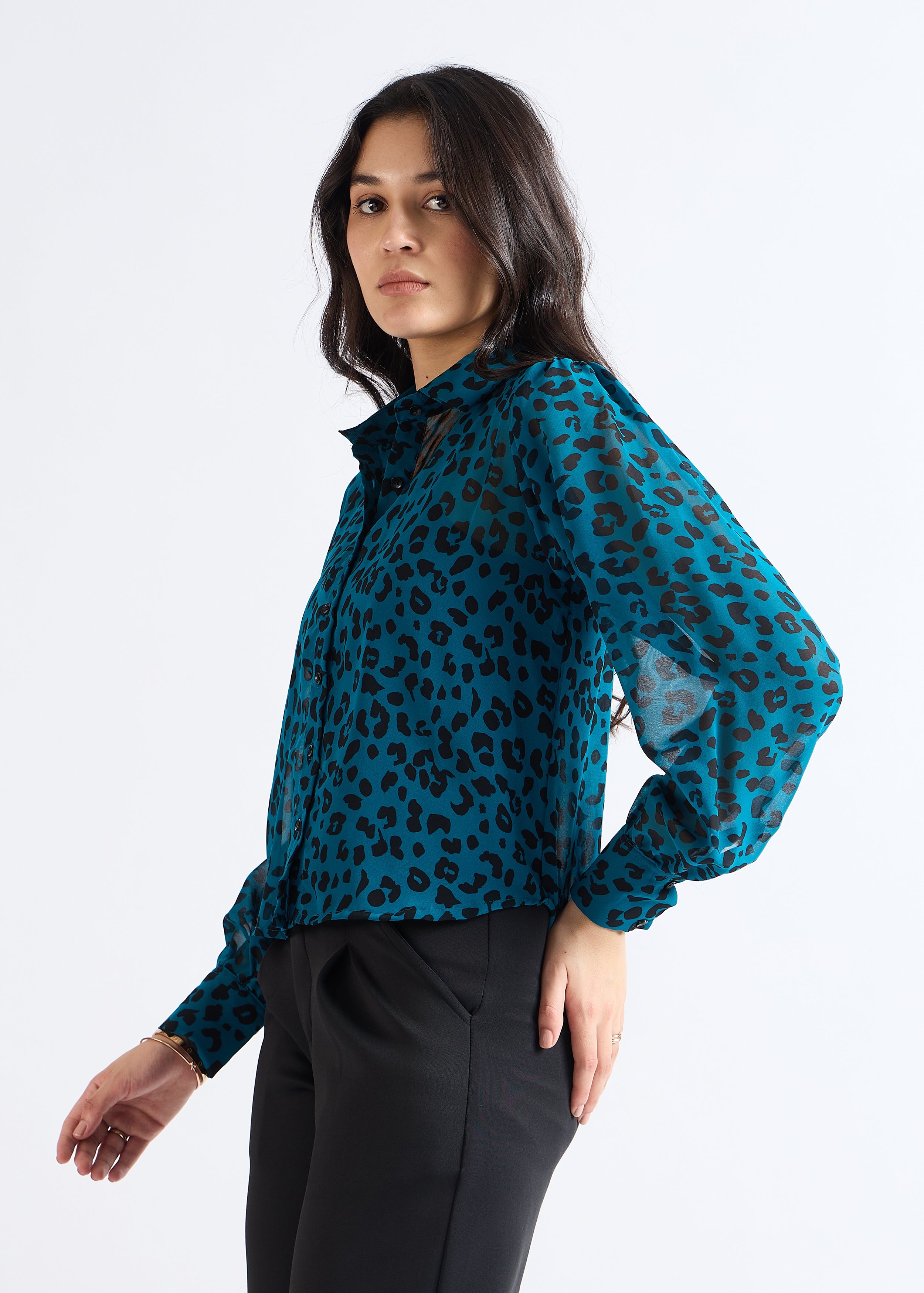 Dark Aquamarine Animal Print Sheer Shirt