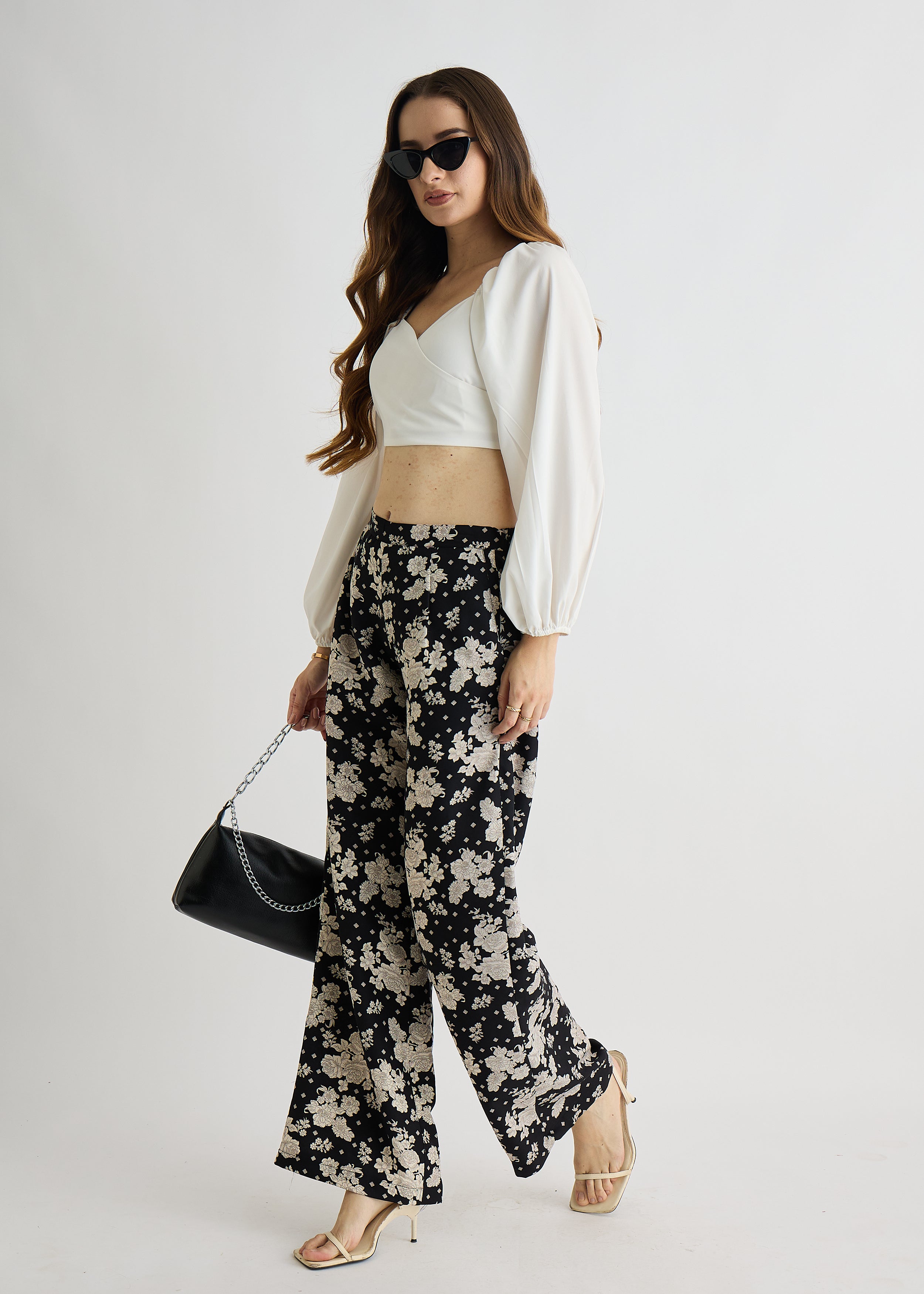 Womens Black Floral Print Trouser