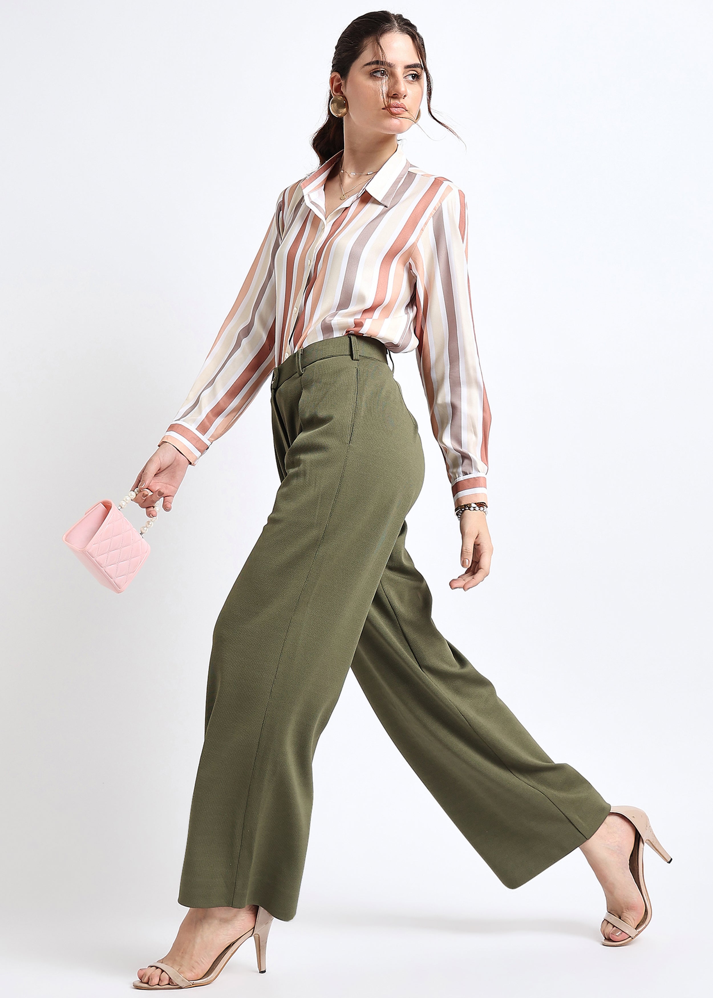 Olive Solid Front Pleated Trouser