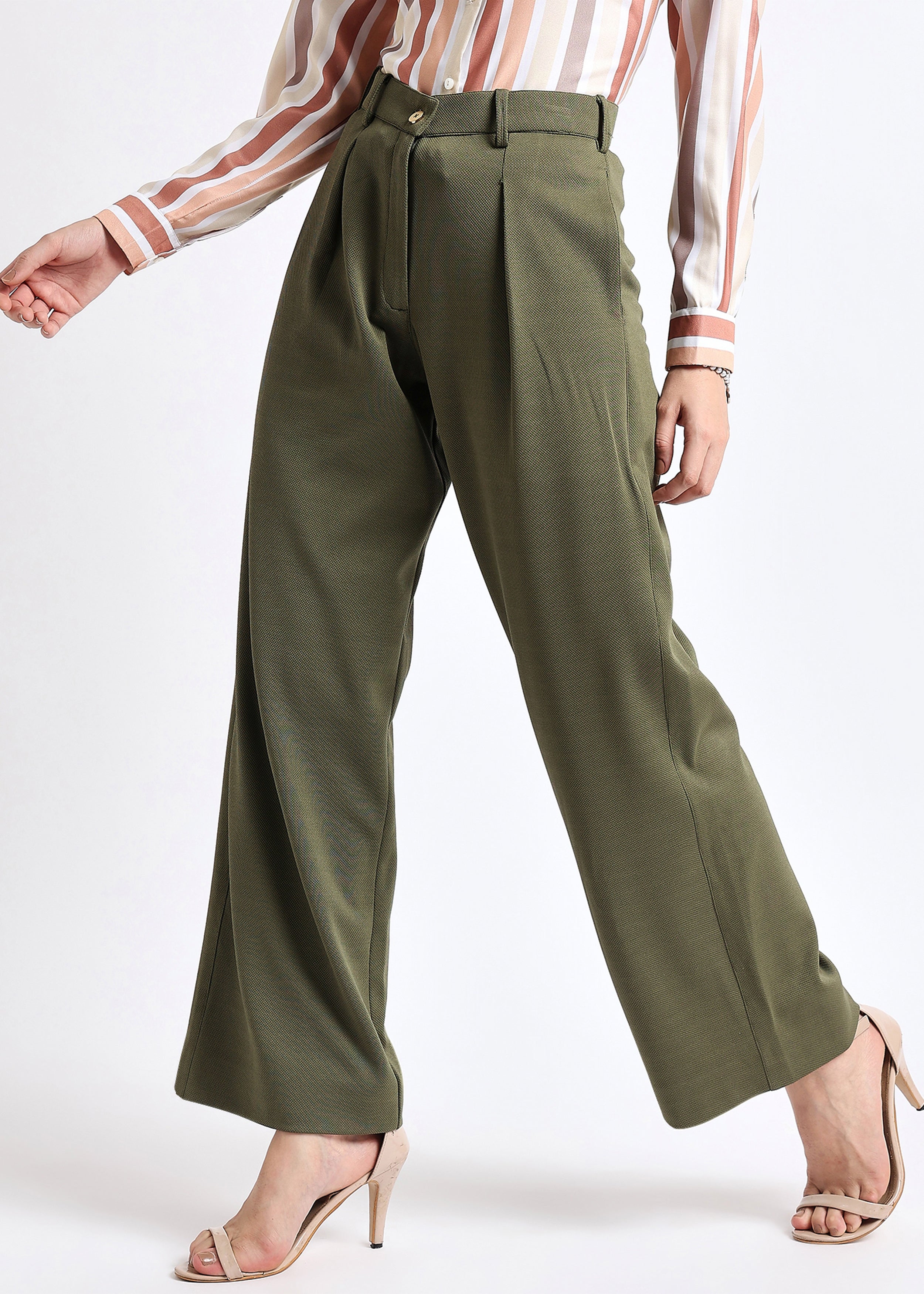 Olive Solid Front Pleated Trouser