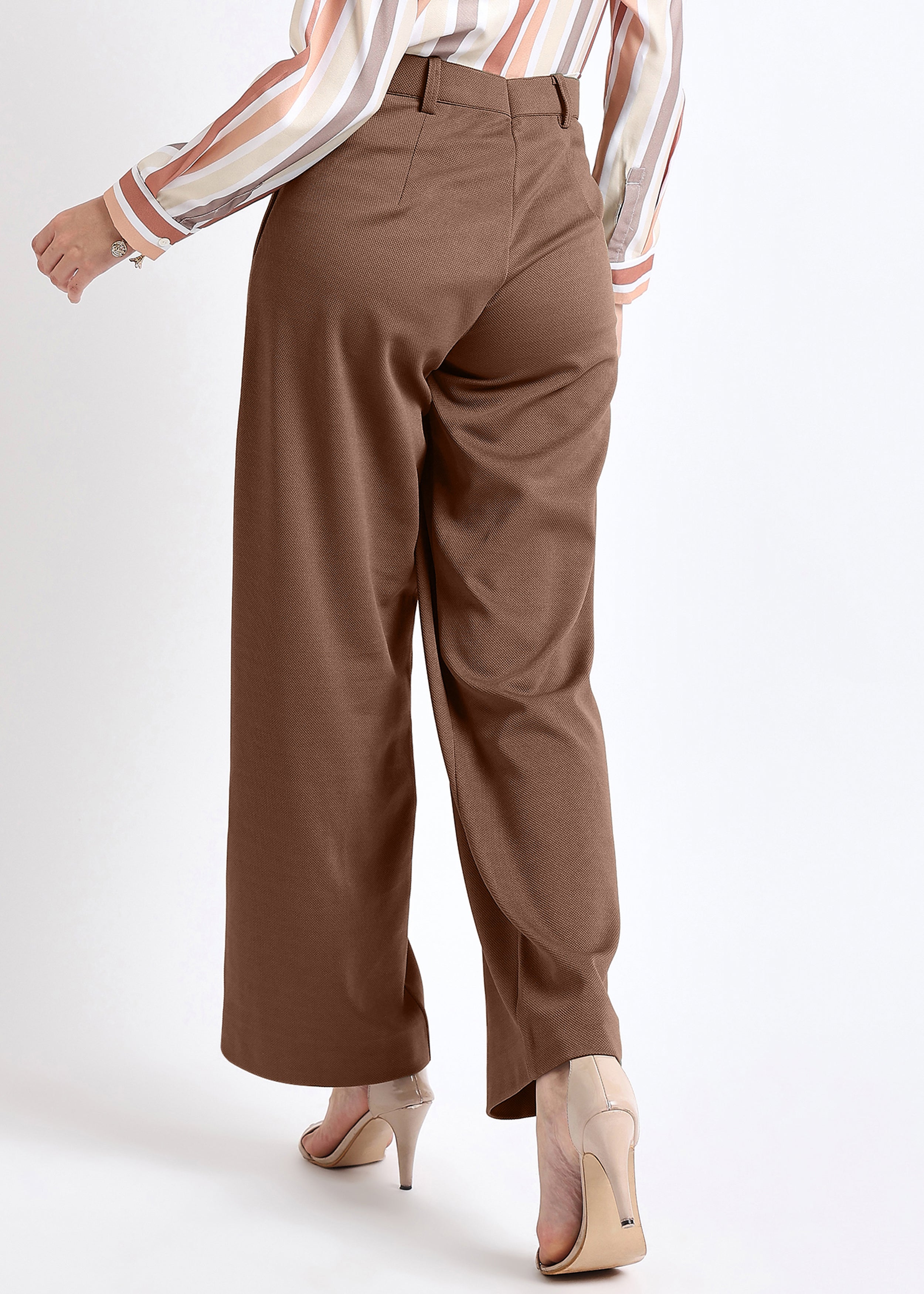 Brown Solid Front Pleated Trouser