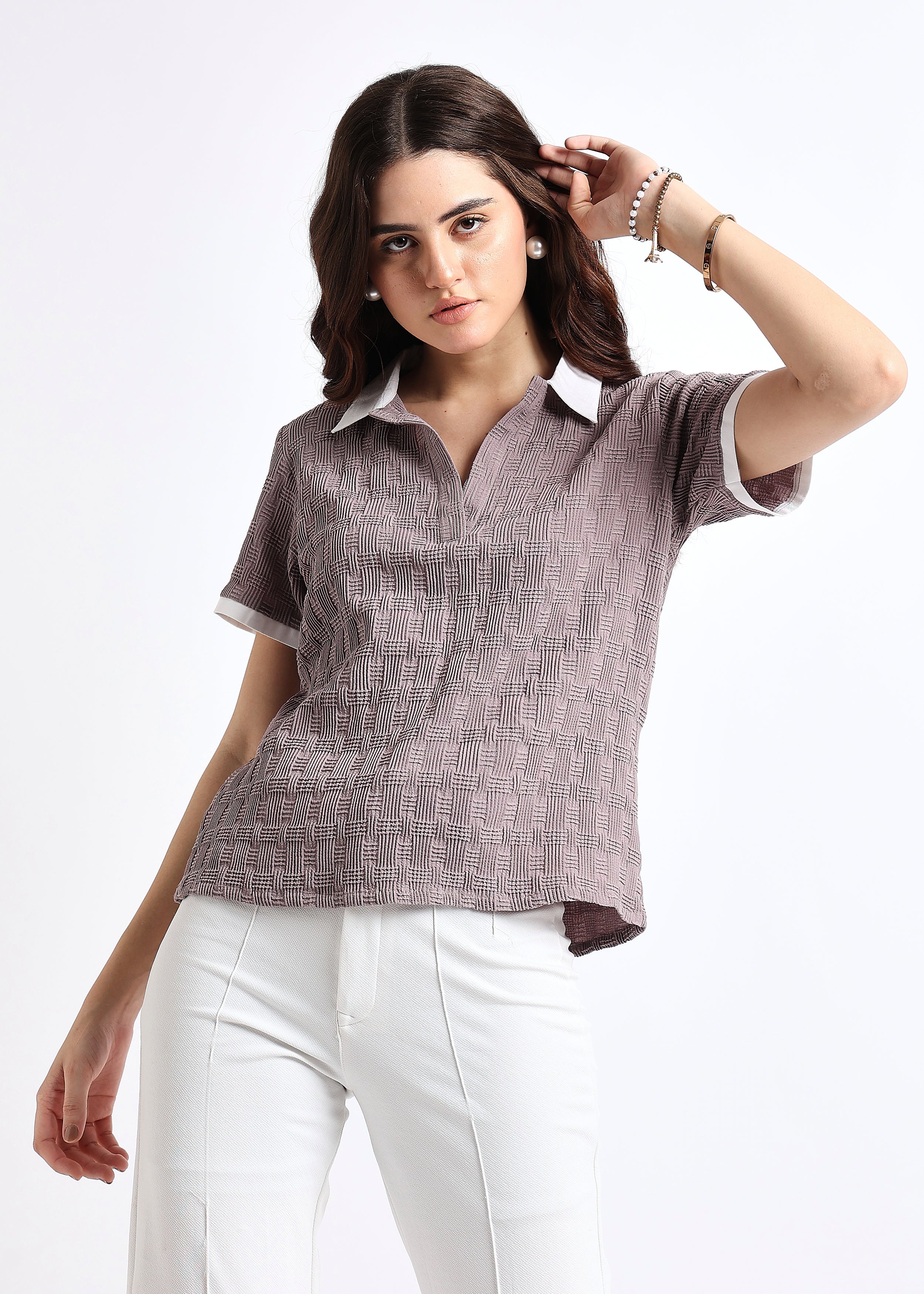 Mauve Self Design Polo Collar T-shirt